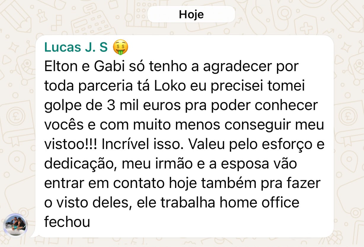 Depoimento de Lucas no WhatsApp agradecendo a parceria e a aprovação do visto